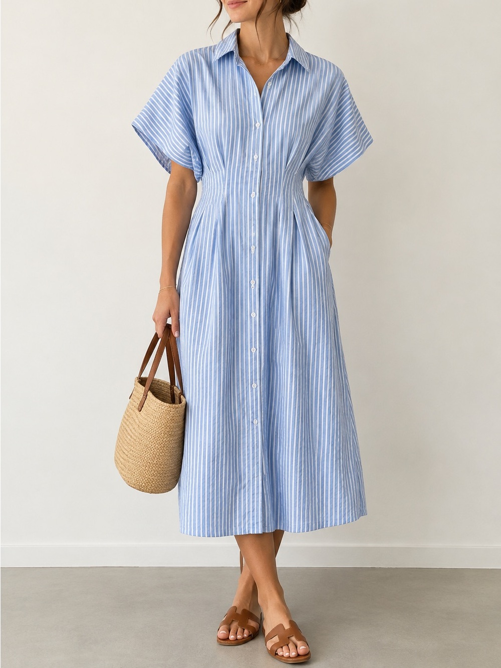 Meadow Rhodes Anthropologie Cotton Light Blue Stripe Cinched Shirt Midi Dres